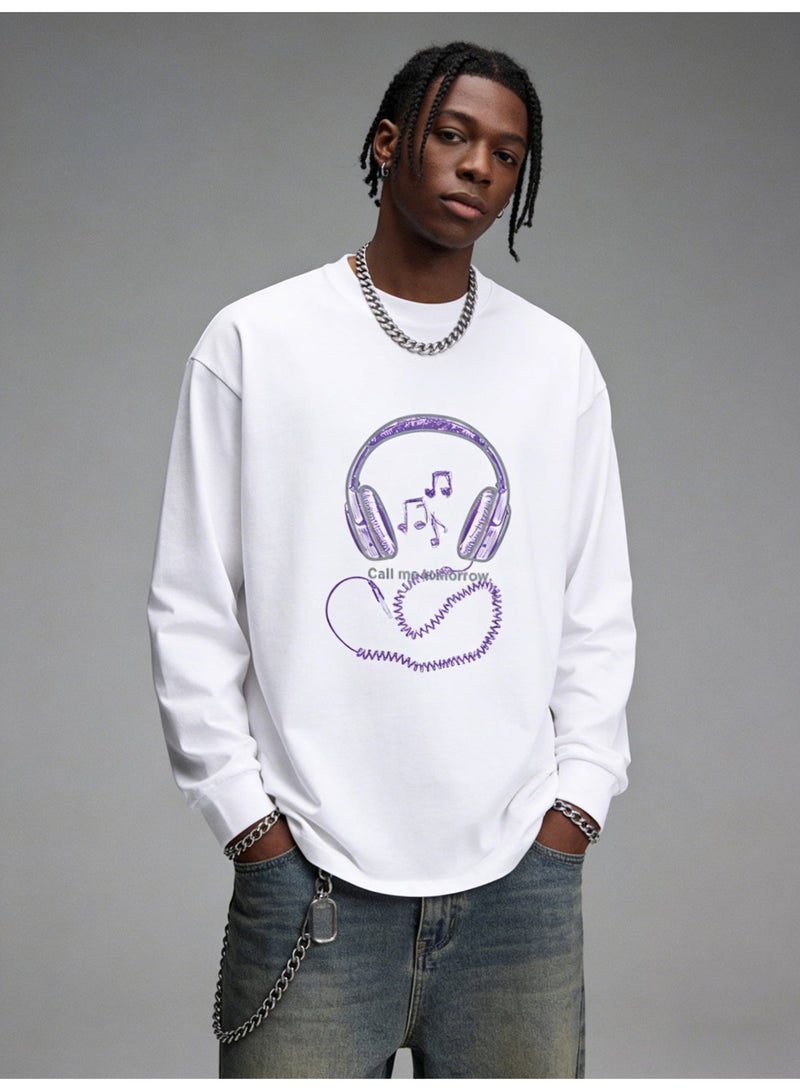 LIRENE Purple Headphones Music Graphic Long Sleeve  Purple Headphones Music Graphic Long Sleeve Tee | UniseTee | Unisex Oversized Couple T-Shirt For Street & Daily Style - Image 1